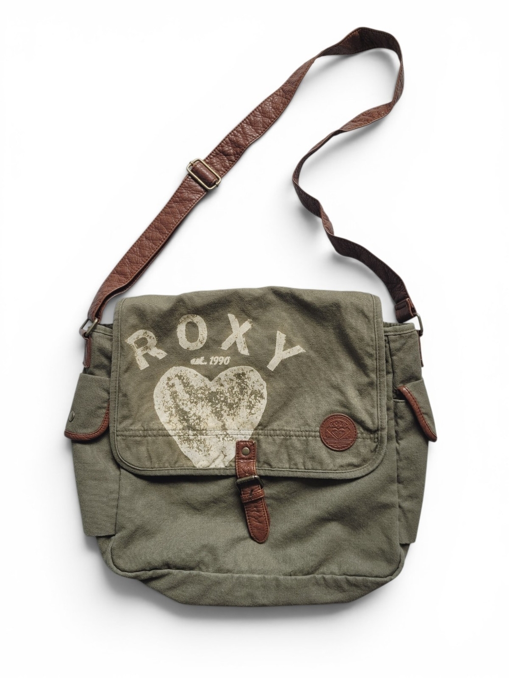 Roxy Olive Canvas Messenger Bag with Heart Graphic Retro Y2K Skater Grunge